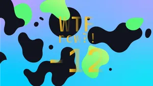 A colourful graphic with numerous dark and green blobs on a gradient background in purples and blues.