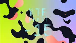 A colourful graphic with numerous dark and pink blobs on a gradient background in greens and purples.