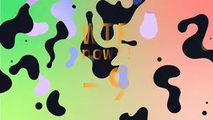 A colourful graphic with numerous dark and purple blobs on a gradient background in greens and pinks.