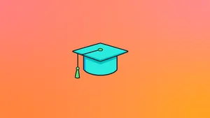 A blue mortarboard on a gradient background in pinks and oranges.