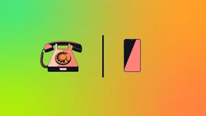 A pink rotary phone and a pink smartphone on a gradient background in greens and oranges.