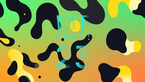 A colourful graphic with numerous yellow blobs on a gradient background in oranges and greens.