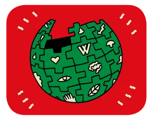 A hand drawn illustration of the Wikipedia logo shown in dark green with icons shown in a light tan colour. It is placed on a bright red background with four sets.