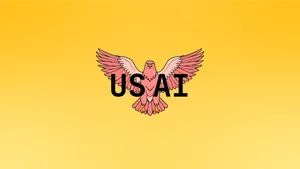A pink eagle behind the letters US AI, on a gradient background in yellows.