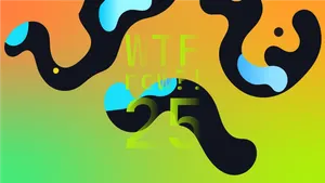 A colourful graphic with numerous blue blobs on a gradient background in oranges and greens.