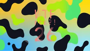 A colourful graphic with numerous green blobs on a gradient background in yellows and blues.