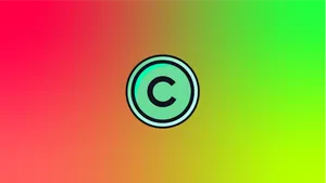 An aqua copyright symbol on a gradient background in reds and greens.