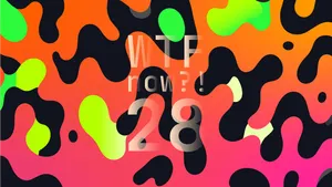 A colourful graphic with numerous black and green blobs on a gradient background in oranges and and pinks.