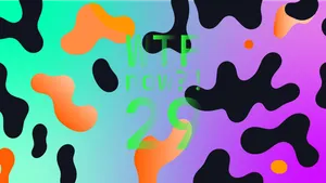 A colourful graphic with numerous black and orange blobs on a gradient background in light blues and purples.