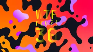 A colourful graphic with numerous black and purple blobs on a gradient background in oranges  and reds.