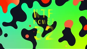 A colourful graphic with numerous black and red blobs on a gradient background in aquas and greens.