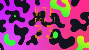 A colourful graphic with numerous black and green blobs on a gradient background in purples and pinks.