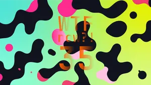 A colourful graphic with numerous black and pink blobs on a gradient background in blues and bright greens.