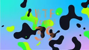 A colourful graphic with numerous black and green blobs on a gradient background in blues and purples.