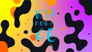 A colourful graphic with numerous black and orange blobs on a gradient background in yellows and purples.
