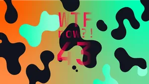 A colourful graphic with numerous black and blue blobs on a gradient background in oranges and blues.