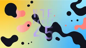 A colourful graphic with numerous black and pink blobs on a gradient background in yellows and blues.