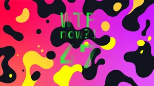 A colourful graphic with numerous black and yellow blobs on a gradient background in pinks and purples.