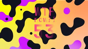 A colourful graphic with numerous black and purple blobs on a gradient background in yellows and oranges.
