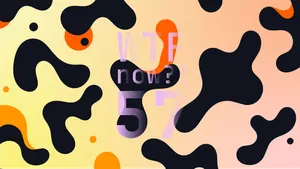 A colourful graphic with numerous black and orange blobs on a gradient background in yellows and pinks.
