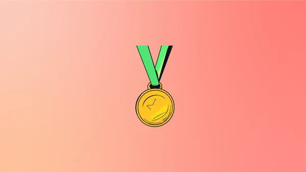 A gold medal with a relief of a star, hanging on a green ribbon on a pink gradient background.