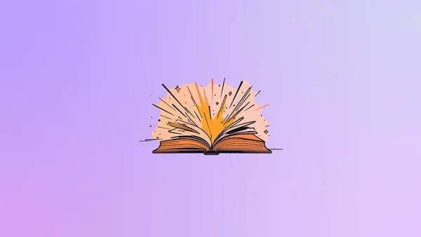 An orange book exploding on a gradient background in purples.