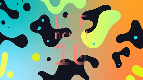 A colourful graphic with numerous green blobs on a gradient background in blues and oranges.