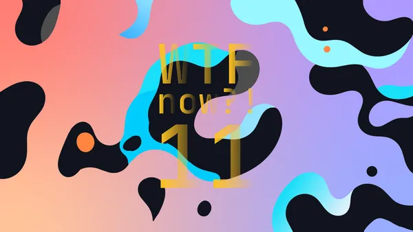 A colourful graphic with numerous blue blobs on a gradient background in pinks and purples.