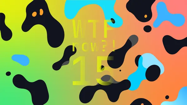 A colourful graphic with numerous dark and blue blobs on a gradient background in greens and oranges.