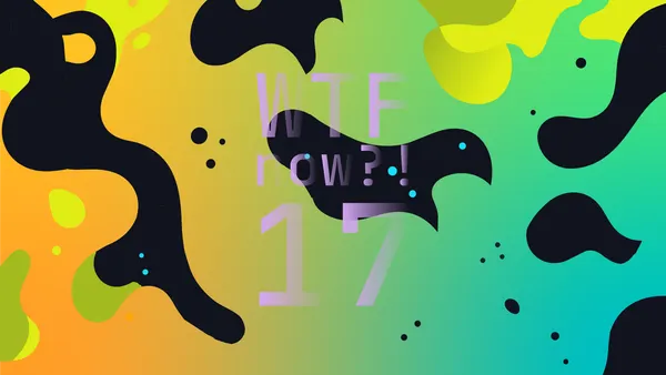 A colourful graphic with numerous dark and green blobs on a gradient background in yellows, oranges, greens and blues.