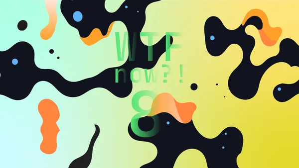 A colourful graphic with numerous orange blobs on a gradient background in light blues and yellows.