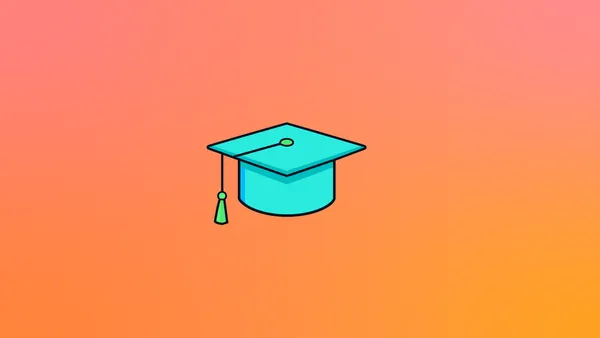 A blue mortarboard on a gradient background in pinks and oranges.