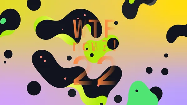 A colourful graphic with numerous dark and green blobs on a gradient background in yellows and purples.