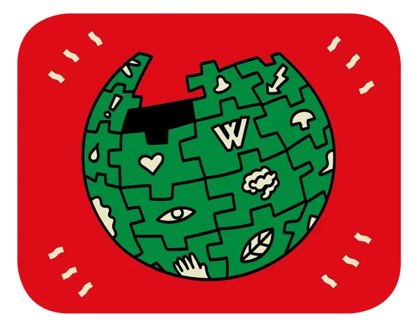 A hand drawn illustration of the Wikipedia logo shown in dark green with icons shown in a light tan colour. It is placed on a bright red background with four sets.