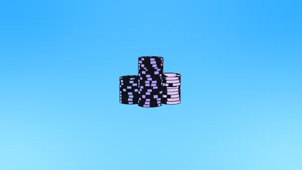 Piles of purple poker chips on a blue gradient background.
