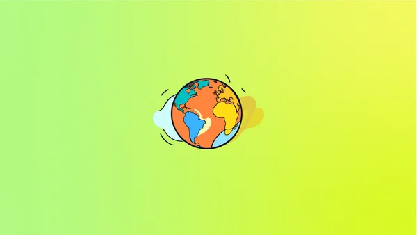 A stylised glob showing the Americas, Africa and Europe in blues and yellows with an orange ocean on a green gradient background.