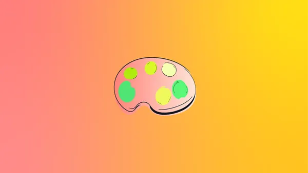 A painter's palette in pinks and greens on a pink and yellow gradient background.