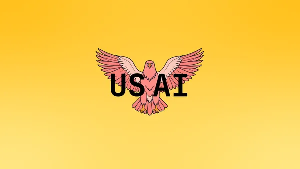 A pink eagle behind the letters US AI, on a gradient background in yellows.