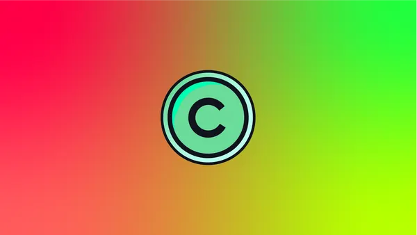 An aqua copyright symbol on a gradient background in reds and greens.