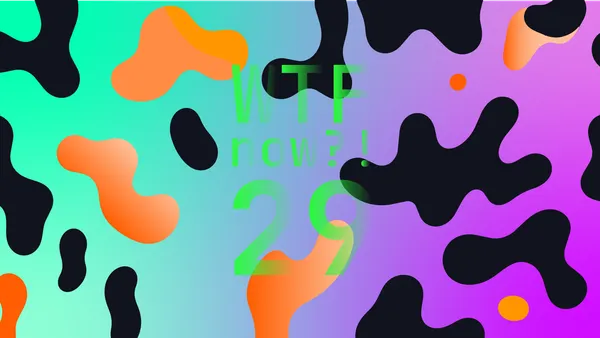A colourful graphic with numerous black and orange blobs on a gradient background in light blues and purples.