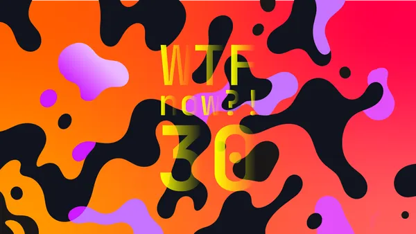 A colourful graphic with numerous black and purple blobs on a gradient background in oranges  and reds.