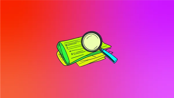 A green newspaper and a blue magnifying glass on a gradient background in reds and purples.