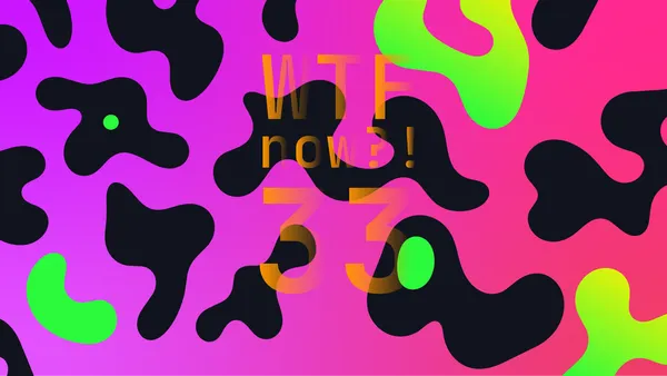 A colourful graphic with numerous black and green blobs on a gradient background in purples and pinks.