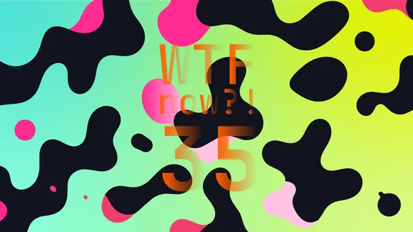 A colourful graphic with numerous black and pink blobs on a gradient background in blues and bright greens.