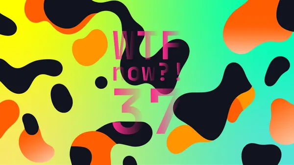 A colourful graphic with numerous black and orange blobs on a gradient background in yellows and blues.