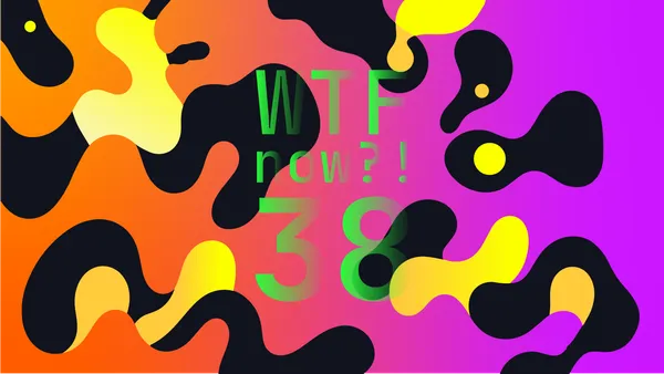 A colourful graphic with numerous black and yellow blobs on a gradient background in oranges and purples.