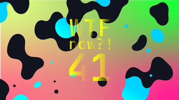 A colourful graphic with numerous black and blue blobs on a gradient background in geens and pinks.