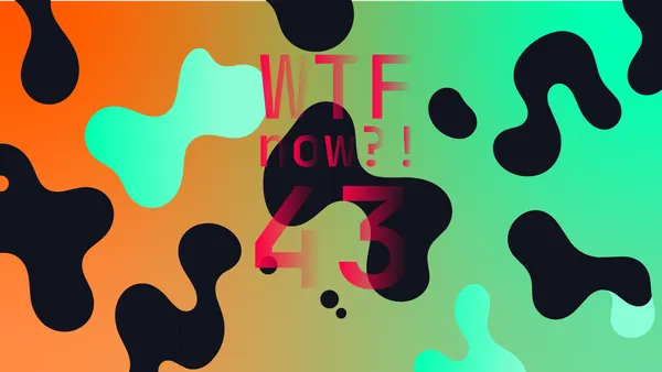 A colourful graphic with numerous black and blue blobs on a gradient background in oranges and blues.