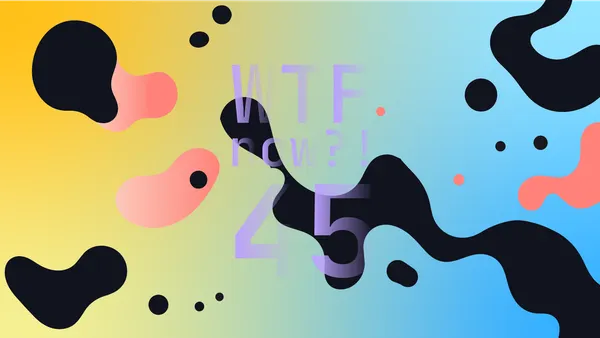 A colourful graphic with numerous black and pink blobs on a gradient background in yellows and blues.