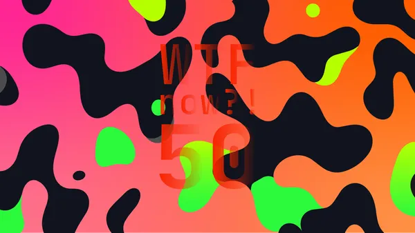 A colourful graphic with numerous black and green blobs on a gradient background in pinks and oranges.